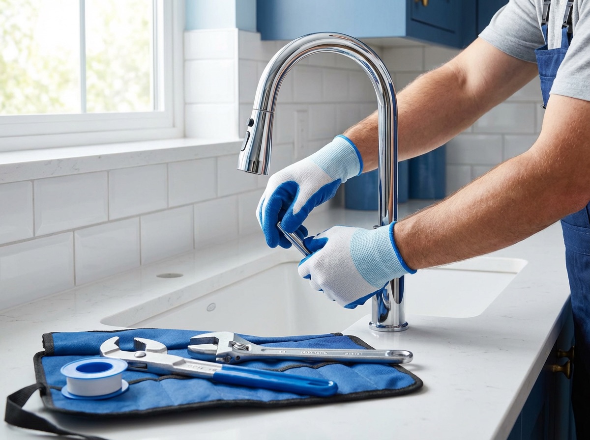 Plumber installing faucet